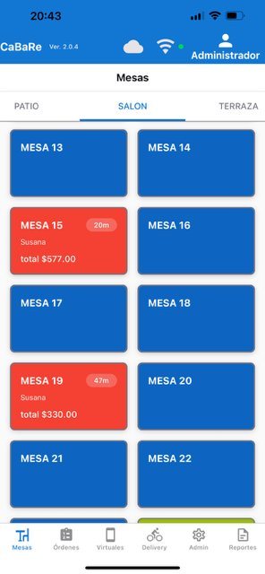 App de CabareSoft mostrando el control de mesas del restaurante