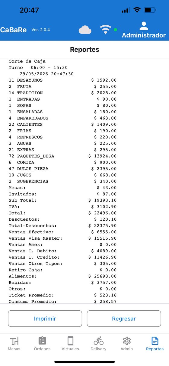 Reporte de corte de caja de CabareSoft con ventas del turno